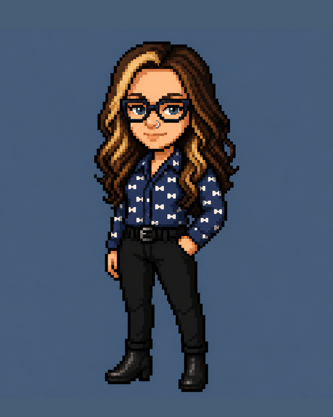 Pixel-art portrait of Kylee McCarthy, co-founder, wearing glasses and a navy patterned shirt