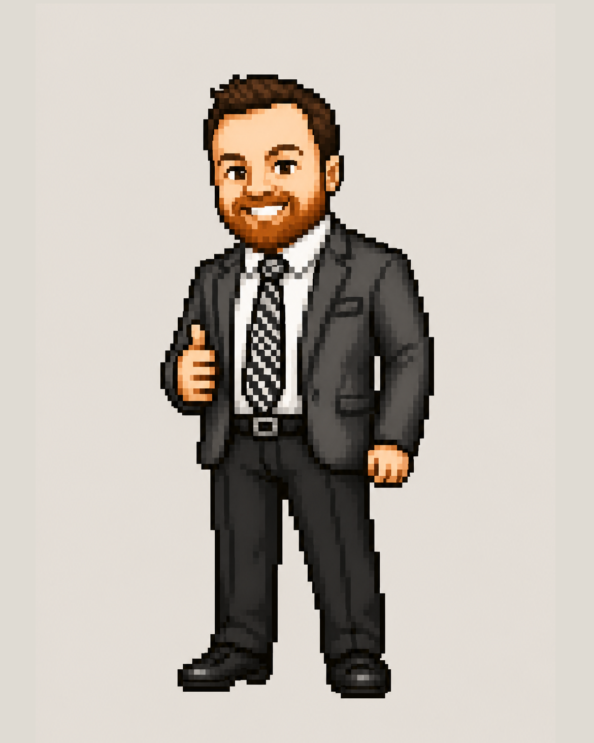Pixel-art portrait of Triston Ritter, co-founder, in a gray suit giving a thumbs up